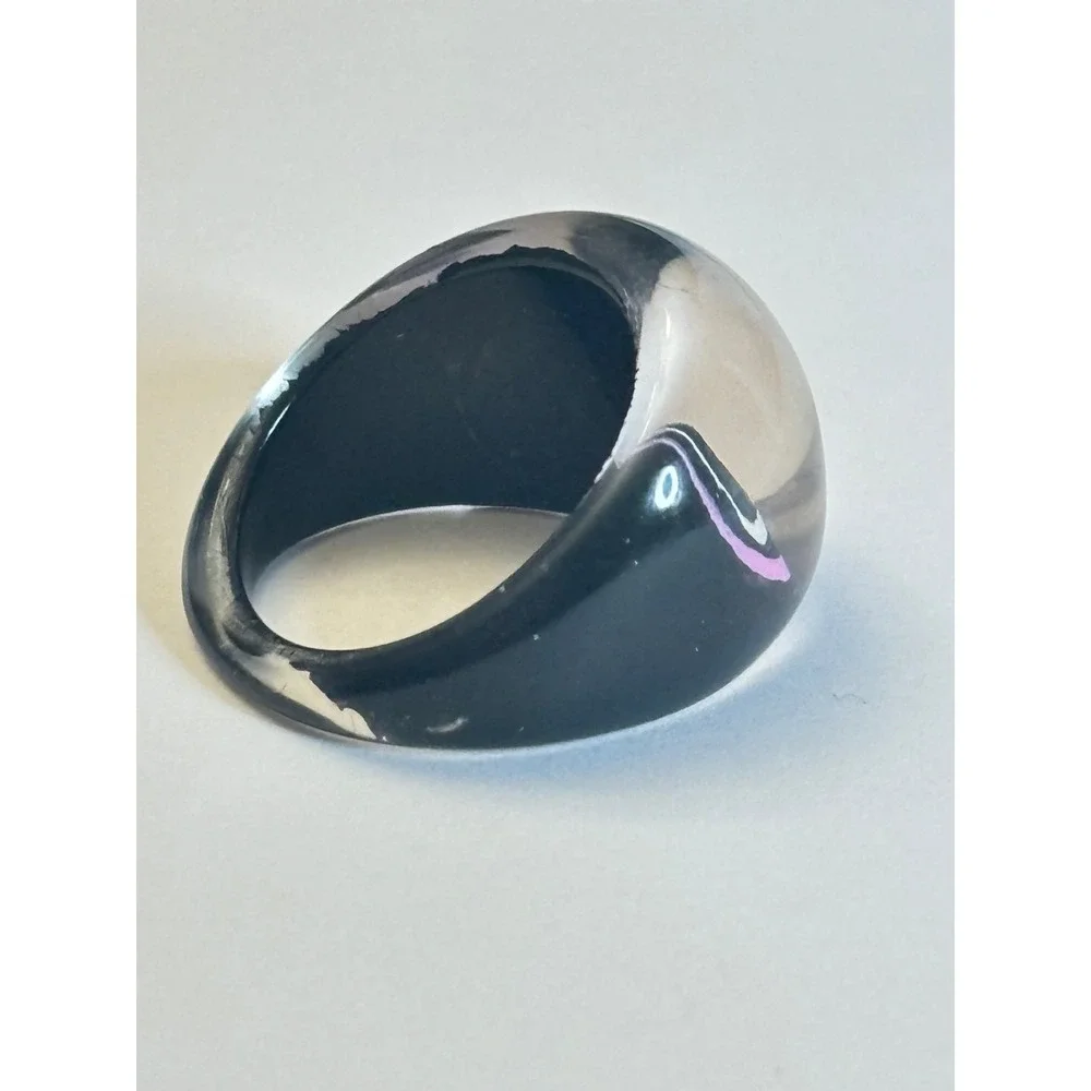 Vintage 90s Acrylic Dome Ring Black Pink White Swirl Chunky Resin Size 6.5 Retro